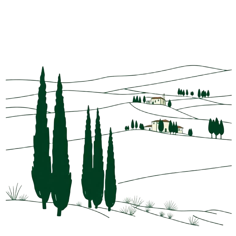 Illustration of a Tuscan landscape with cypress trees